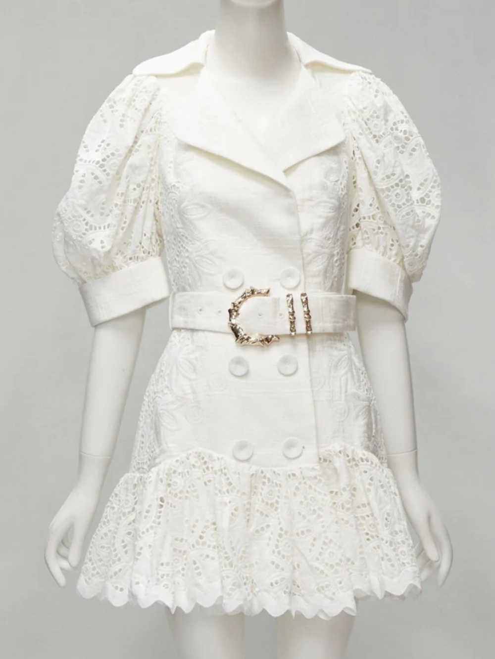 Acler White Eyelet Lace Puff-Sleeve Belted Mini Dress